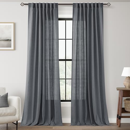 Dark Gray Curtains for Living Room Back Tab Modern Farmhouse Semi Sheer Gray Curtains 108 inches Long 2 Panels Set Muted Neutral Window Curtain for Dining Room Bedroom 52x108 (Dark Gray / 52"W x 108"L (Pack of 2))