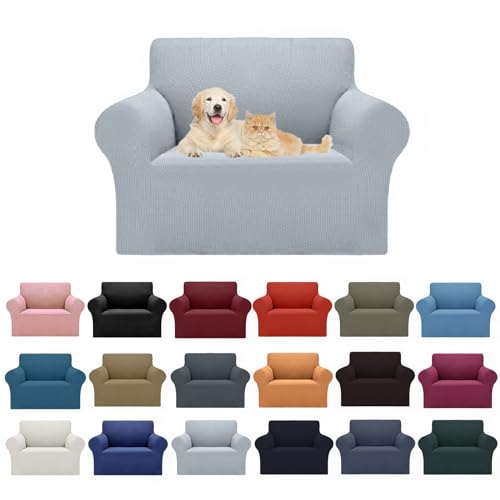 2026 New Stretch Chair Sofa Slipcovers Couch Cover for 1 Seater Furniture Protector Sofa Covers with Elastic Bottom Jacquard Fabric Small Checks for Pets (Silver / Chair)
