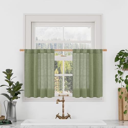 Sage Green Linen Curtains 24 Inch Length for Windows (Sage Green / 25"W x 24"L (Pack of 2))
