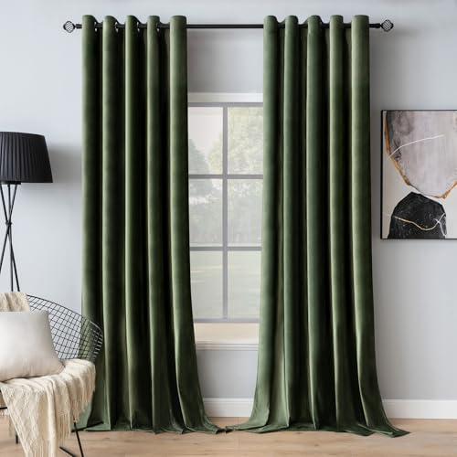 Velvet Curtains Olive Green 66 x 96 Inch Length Set of 2 (Olive Green / 66"W x 96"L (Pack of 2))