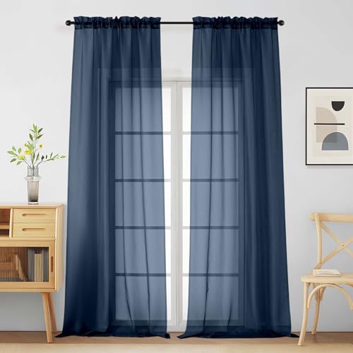 Navy Blue Sheer Curtains for Window 96 Inches Long 2 Panels (42"W x 96"L (Pack of 2) / Navy Blue)