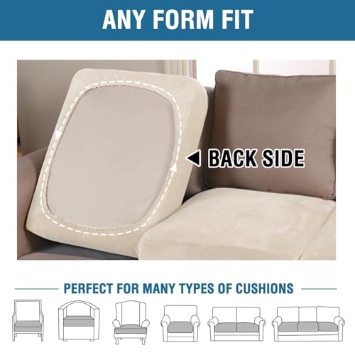 Velvet Stretch Couch Cushion Cover Plush Cushion Slipcover for Chair Loveseat Sofa Cushion Furniture Protector Seat Cushion Sofa Cover (Butter Cream / 2 Cushion Sofa)