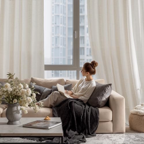 Linen Semi Sheer Curtains for Bedroom Living Room 95 inches Long (Ivory / 52"W x 95"L (Pack of 2))