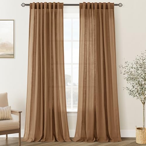 Brown Curtains for Living Room Back Tab Modern Farmhouse Semi Sheer Curtains 144 inches Long 2 Panels Set Muted Neutral Window Curtain for Dining Room Bedroom 52x144 (Brown / 52"W x 144"L (Pack of 2))