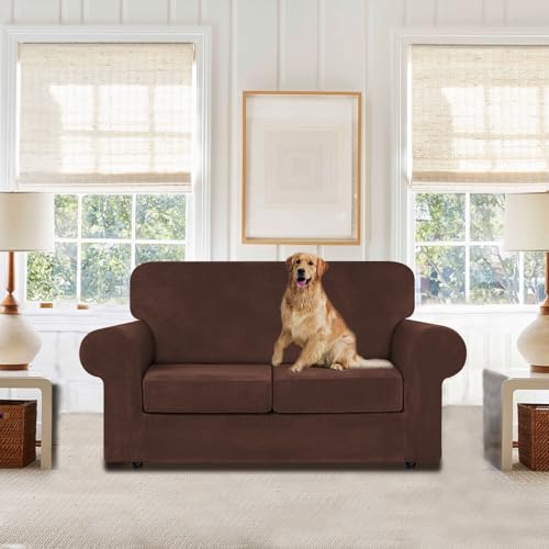 Velvet Stretch 3 Pieces Couch Cover for Sofa Washable (Medium / Chocolate)