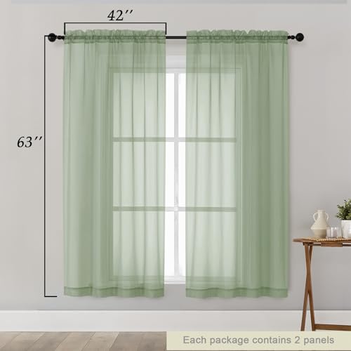 Sheer Sage Green Curtains for Bedroom Living Room 63 Inch Length 2 Panels (Sage Green / 42"W x 63"L (Pack of 2))
