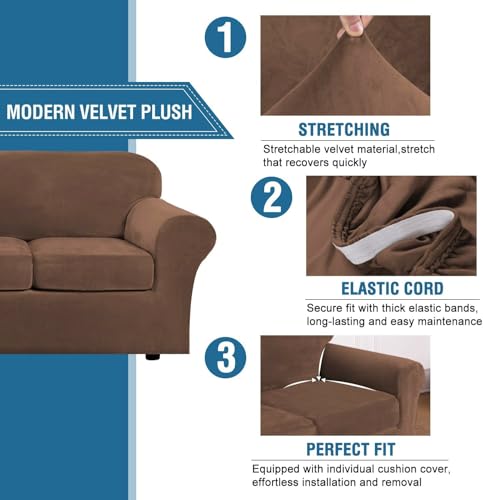Modern Velvet Plush 4 Piece High Stretch Sofa Slipcover Sofa Cover Furniture Protector Form Fit Luxury Velvet Sofa Cover for 3 Cushion Couch Width Up to 90 Inch (3 Cushion Sofa / Caramel Cafe)