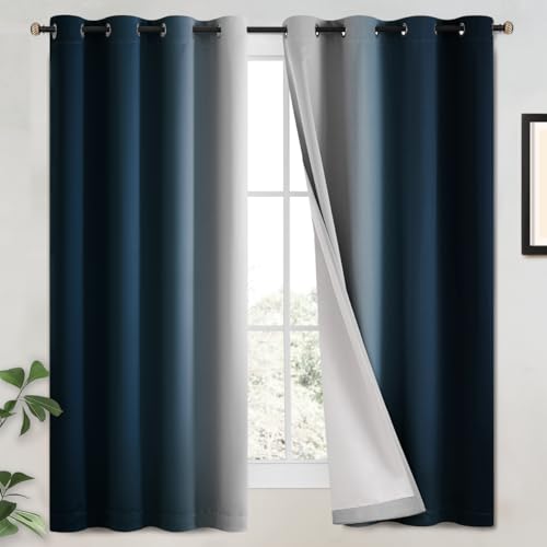 100% Blackout Curtains Ombre Navy Blue Curtains for Bedroom 63 Inch (52"W x 63"L (Pack of 2) / Navy Blue 2 Layers)