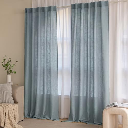 Dusty Blue Linen Curtains 52x90 Inch 2 Panel for Bedroom Living Room (52"W x 90"L (Pack of 2) / Stone Blue)