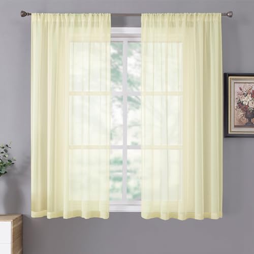 Short Sheer Curtains Linen Textured Living Room Curtain Sheers Light Filtering Rod Pocket Voile Curtains for Bedroom (42"W x 45"L (Pack of 2) / Transparent Yellow)