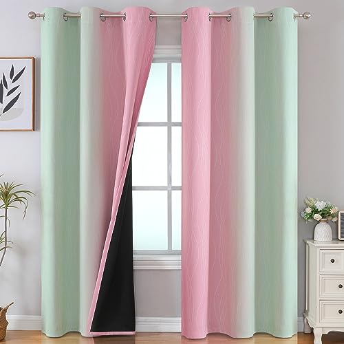 Sage Green and Pink Ombre Blackout Curtains for Bedroom (Sage and Pink / 42"W x 84"L (Pack of 2))