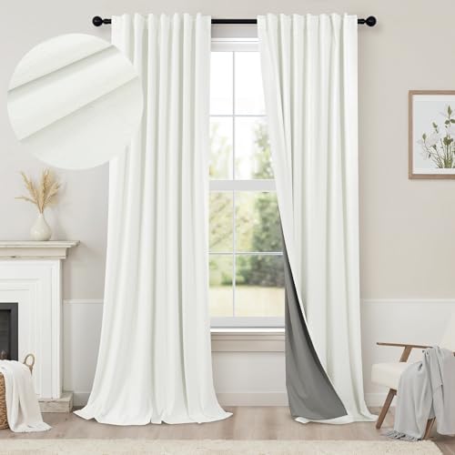 Ivory Blackout Curtains 90 Inches Long 2 Panel Light Blocking Patio Drape for Sliding Glass Doors Rustic Country Curtain for Nursery Bedroom Thick Linen Cotton Textured Off White Back Tab Pocket 52x90 (Ivory / 52"W x 90"L (Pack of 2))