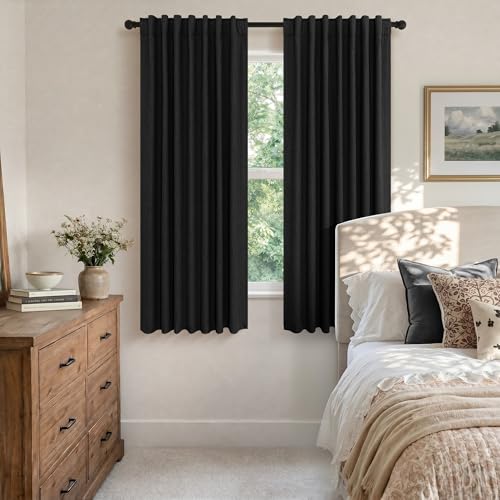 Nursery Blackout Curtains 63 Inch Length for Bedroom 2 Panels Back Tab Pocket Heavy Thick Linen Textured Room Darkening Sound Proof Insulated Thermal Dark Out Black Curtain for Winter 63 Inches Long (Black / 52"W x 63"L (Pack of 2))