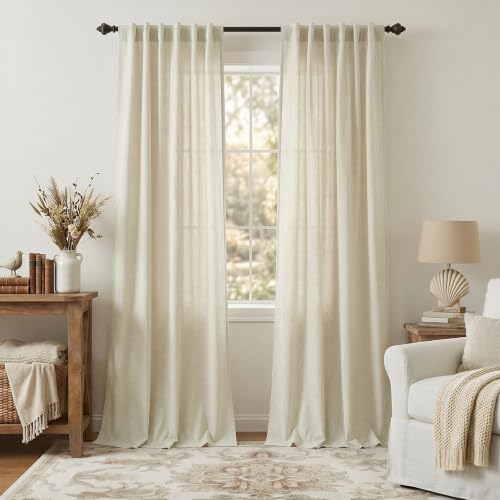 Oatmeal Beige Linen Curtains 92 Inch Length 2 Panels Back Tab Semi Sheer Light Filtering Boho Living Room Curtain Home Office Minimalist Modern Farmhouse Decor Neutral Birch Drapes 52 x 92 Inch Long (52"W x 92"L (Pack of 2) / Birch Beige)