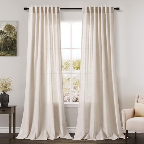 Beige Linen Blend Light Filtering Curtains 86 Inches Long 2 Panel Set Pocket Back Tab Tan Beige Privacy Semi Sheer Decorative Decor Curtain Drapes for Bedroom Living Room 52x86 (52"W x 86"L (Pack of 2) / Linen)