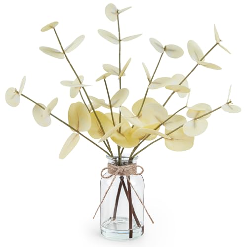 Artificial Eucalyptus Stems in Glass Vase with Faux Water (Beige)