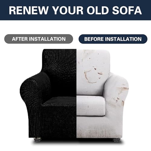 2026 New Stretch Chair Sofa Slipcovers Couch Cover for 1 Seater Furniture Protector Sofa Covers with Elastic Bottom Jacquard Fabric Small Checks for Pets (Black / Chair)