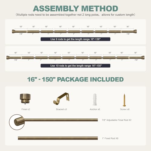 Antique Bronze Curtain Rods for Windows 72 to 144 Inches Adjustable Length Heavy Duty 1" Diameter Window Curtain Rod with Solid Metal Finials for Outdoor Farmhouse Bedroom Kitchen Living Room (Antique Bronze / 16"-150"|1 Pack)