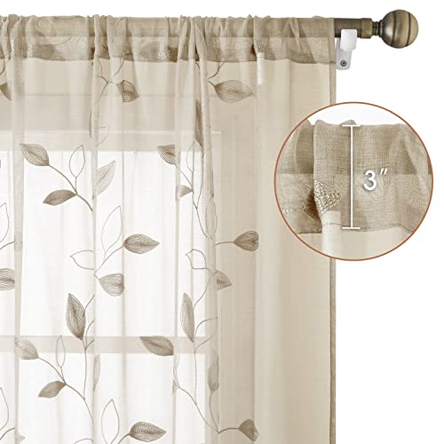 Taupe Sheer Curtains Leaf Embroidered (52"W x 84"L (Pack of 2) / 2-taupe/Beige)