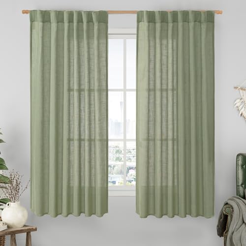 Sage Green Semi Sheer Linen Curtains 60 Inch (Sage Green / 52"W x 60"L (Pack of 2))