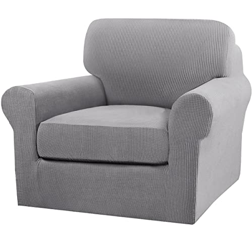 2 Piece Chair Covers Chair Slipcovers for Living Room Armchair Couch Cover Chair Sofa Cover with Individual Cushion Covers Furniture Cover for Chairs Feature Jacquard Fabric (Armchair (1 Cushion) / Dove)