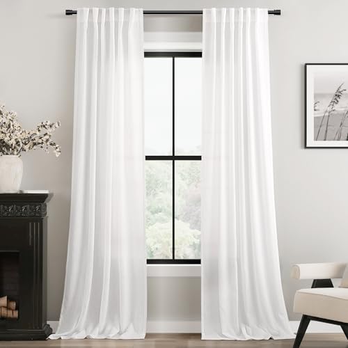 Long White Curtain 108 inches Long 2 Panels Set Back Tab Light Filtering Cotton Textured Curtain Modern Farmhouse Coastal Decor White Linen Drapes 108 inch Length for Large Window 9 FT Tall 42x108 (White / 42"W x 108"L (Pack of 2))