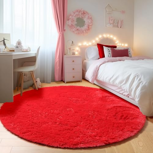 Red Round Rugs 5ft for Bedroom Living Room (Red / 5' (Round))