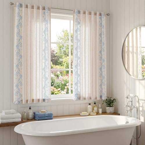Floral Linen Curtains 63 Inch Farmhouse Back Tab 2 Panels (Vine | Sky Blue / 50"W x 63"L (Pack of 2))