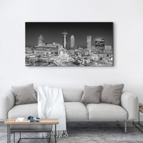 Large Black and White Wall Art Atlanta Skyline Canvas Prints Atlanta City Night View Pictures Modern Panoramic Cityscape Painting Posters Ferris Wheel Canvas Artwork for Home Decorations 30x60" (60"L x 30"W / Atlanta)