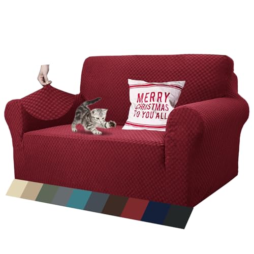 1 Piece Jacquard Couch Covers for 2 Cushion Couch High Stretch Loveseat Slipcover for Pets Dogs Anti Slip Love Seat Sofa Slipcover Furniture Protector (Medium (55"-69") / Wine Red)
