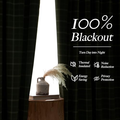 Olive Green Buffalo Check Plaid 100% Blackout 84 Inch Long Curtain (52"W x 84"L (Pack of 2) / Grid Pattern | Olive Green & White)