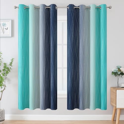 Navy Blue and Teal Gradient Blackout Curtains for Living Room 72 Inch Long (Navy Blue and Teal / 52"W x 72"L (Pack of 2))