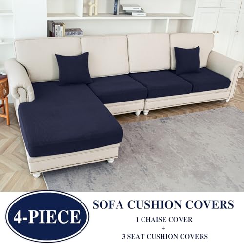 Couch Cushion Covers for Sectional Sofa L Shape Washable Separate Seat Chaise Couch Cover Stretch Sofa Slipcovers with 2 Pcs Pillowcases (Navy / Seat Only: 3 Seat + 1 Chaise)