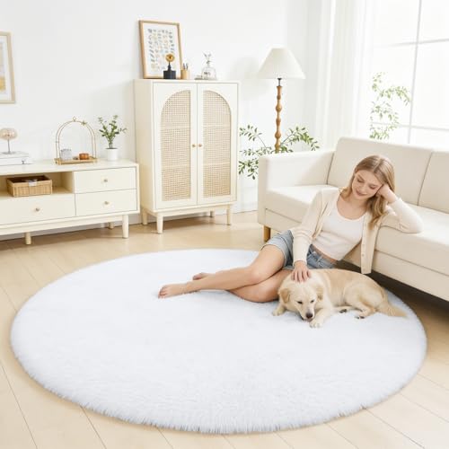 White Round Rugs for Bedroom (5 Ft Round / White)
