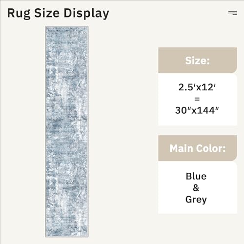 Hallway Runner Rug 2'6" x 12' Kitchen Rugs Abstract Blue (Blue/Grey / 2'6" x 12' (Runner))