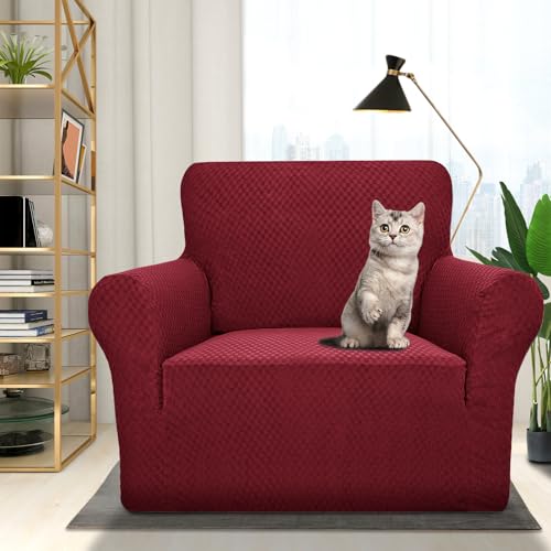 1 Piece Jacquard Chair Slipcovers for Living Room High Stretch Chair Covers with Arms Anti Slip Pets Friendly Couch Sofa Armchair Cover Furniture Protector (Small (31"-46") / Wine Red)