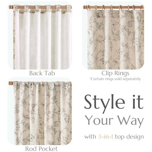 Grey Floral Linen Curtains Lined 63 Inch Vintage Back Tab 2 Panels (Charlotte Grey / 50"W x 63"L (Pack of 2))