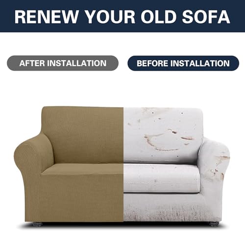 2026 New Stretch Loveseat Sofa Slipcovers Couch Cover for 2 Cushion Furniture Protector Sofa Covers with Elastic Bottom Jacquard Fabric Small Checks for Pets (Tan / Loveseat)