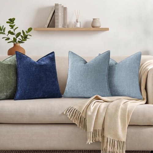 Chenille Light Blue Velvet Throw Pillow Covers 22x22 Set of 2 (Light Blue / 22" x 22" (Pack of 2))
