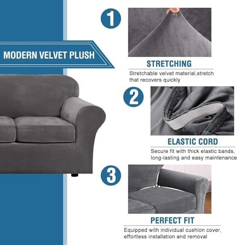 High Stretch Sofa Slipcover 4 Piece Cover Velvet Furniture Protector Form Fit Thick Velvet Extra Large Sofa Cover for 3 Cushion Couch Width Up to 97 Inch (3 Cushion Large Sofa / Grey)