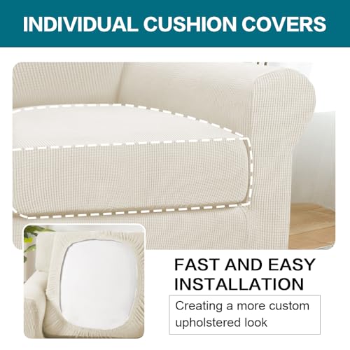 2 Piece Chair Covers Armchair Slipcovers for Living Room Armchair Sofa Cover with Individual Cushion Covers Feature Jacquard Fabric (Armchair (1 Cushion) / Cream)