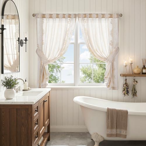 Ivory Floral Linen Kitchen Tier Curtains 50x45 Inch 2 Panels (A| Ivory / 50"W x 45"L (Pack of 2))