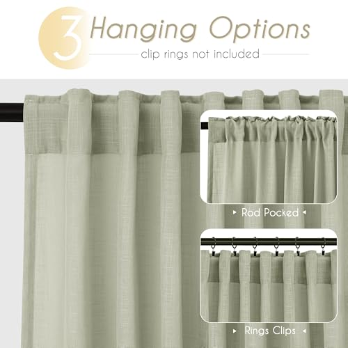 Linen Blend Sage Green Curtains 63 inch Length 2 Panels for Bedroom Back Tab Light Filtering Semi Sheer Drapes Linen Cotton Textured Light Green Airy Modern Farmhouse Living Room Sage Aesthetic Decor (Sage Green / 52"W x 63"L (Pack of 2))