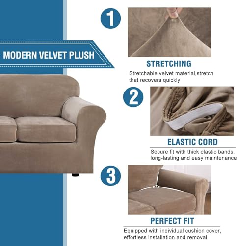 Modern Velvet Plush 4 Piece High Stretch Sofa Slipcover Strap Sofa Cover Furniture Protector Form Fit Luxury Thick Velvet Sofa Cover for 3 Cushion Couch Width Up to 90 Inch (3 Cushion Sofa / Camel)