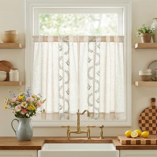 Green Floral Linen Kitchen Tier Curtains 36 Inch (A| Sage / 26"W x 36"L (Pack of 2))