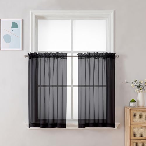 Black Sheer Tier Curtains 24 Inch Length (Black / 42"W x 24"L (Pack of 2))