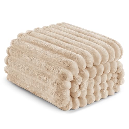 Striped Queen Size Fleece Blanket for Bed (Beige / Queen ( 90x90 IN ))