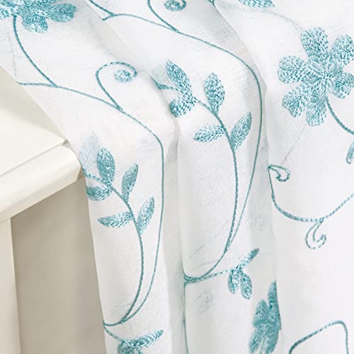 White and Blue Embroidered Floral Sheer Curtains 96 Inches Long 2 Panels Flower Pattern Semi Sheer Window Curtains for Bedroom Living Room (52"W x 96"L (Pack of 2) / White & Blue)
