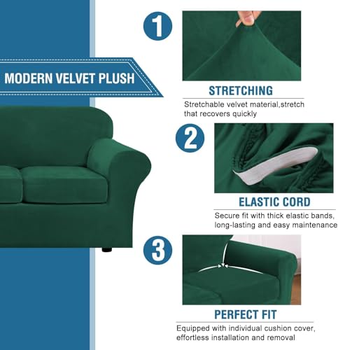 High Stretch Sofa Slipcover 4 Piece Cover Velvet Furniture Protector Form Fit Thick Velvet Extra Large Sofa Cover for 3 Cushion Couch Width Up to 97 Inch (3 Cushion Large Sofa / Green)