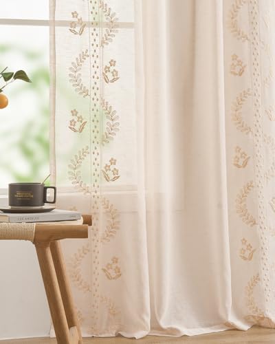 Floral Sheer Curtains (S | Beige / 50"W x 96"L (Pack of 2))